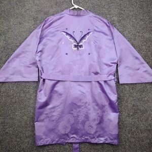 Vintage Japanese Belted Kimono Silky Purple W Huge Butterfly Gorgeous Robe! MCM